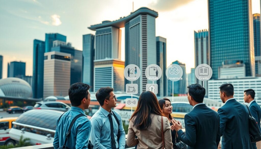 A bustling cityscape of Singapore's financial district, with towering skyscrapers and sleek modern architecture. In the foreground, a group of young professionals in business attire engaged in a lively discussion, representing the startup funding options available to entrepreneurs. The mid-ground features various signage and icons symbolizing different investment vehicles, such as angel investors, venture capitalists, and government grants. The background is bathed in a warm, golden light, conveying a sense of opportunity and growth. The scene is captured through a wide-angle lens, emphasizing the scale and dynamism of the city's startup ecosystem.