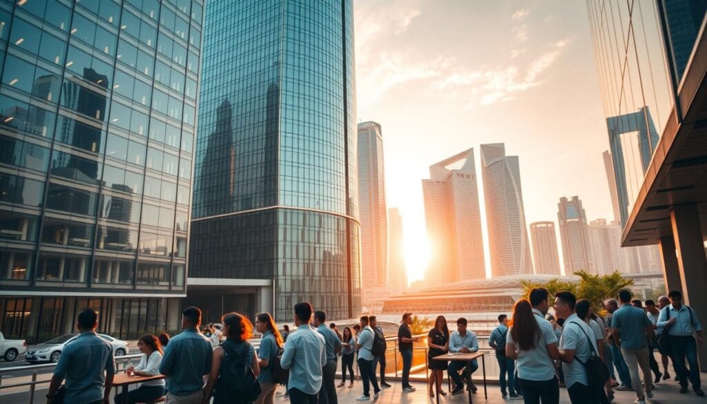 A bustling cityscape of Singapore's startup ecosystem, captured through the lens of a wide-angle camera. In the foreground, a modern glass-and-steel high-rise office building, its sleek facade reflecting the vibrant energy of the city. In the middle ground, groups of young professionals in casual attire gather around outdoor seating areas, engaged in animated discussions and collaborations. The background reveals the iconic skyscrapers of the Marina Bay financial district, bathed in warm, golden-hour lighting that casts a hazy, dreamlike atmosphere over the scene. The overall mood conveys the rapid growth, innovation, and sense of possibility that defines Singapore's thriving startup ecosystem.