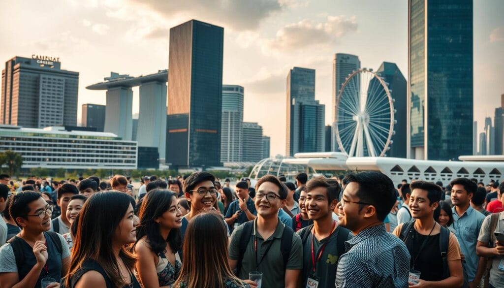 A bustling cityscape of Singapore's startup ecosystem, captured with a wide-angle lens and soft, warm lighting. In the foreground, groups of young, motivated entrepreneurs engage in animated discussions, their faces alight with the thrill of their journey. The middle ground features a mix of modern high-rises and coworking spaces, their glass facades reflecting the energy of the scene. In the background, the iconic Marina Bay Sands and the Singapore Flyer stand as symbols of the city's technological and entrepreneurial prowess. The overall atmosphere conveys a sense of momentum, innovation, and the challenges that come with the common, yet rewarding, path of entrepreneurship.