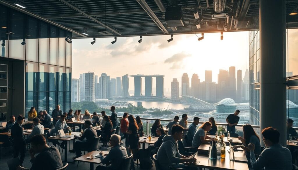 A bustling cityscape of Singapore's startup ecosystem, captured with a wide-angle lens. In the foreground, sleek modern office buildings and coworking spaces are abuzz with young entrepreneurs, laptop screens casting a soft glow. In the middle ground, groups of professionals animatedly discuss ideas over craft coffee in trendy cafes. The background reveals the iconic Marina Bay skyline, its skyscrapers and futuristic architecture casting long shadows as the sun casts a warm, golden light across the scene. An atmosphere of innovation, collaboration, and boundless potential permeates the entire frame.