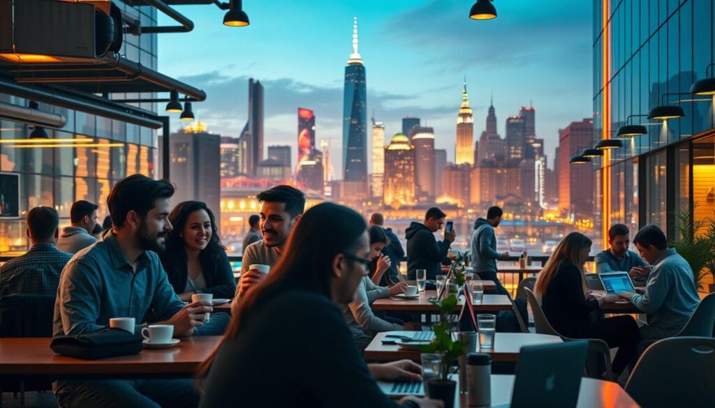 A bustling startup ecosystem, captured in a vibrant, cinematic scene. In the foreground, a group of young, energetic entrepreneurs discuss their latest ideas over coffee, their faces illuminated by the warm glow of a cozy café. In the middle ground, a modern co-working space teeming with activity - programmers hunched over laptops, designers sketching on digital tablets, and investors in animated conversation. In the background, the sleek, angular skyline of a thriving metropolitan city, its towering skyscrapers and neon-lit streets a testament to the innovative spirit that permeates the atmosphere. The scene is bathed in a soft, golden light, creating a sense of optimism and potential, reflecting the common aspirations and challenges faced by first-time founders.