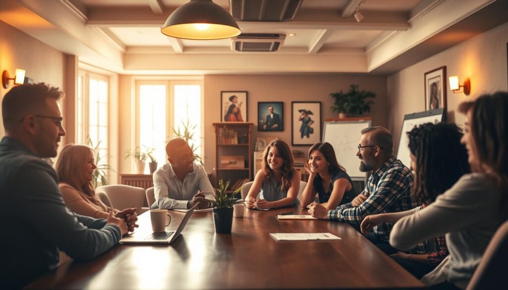 A cozy conference room filled with a diverse group of people engaged in a lively discussion. The warm lighting creates a welcoming atmosphere, with soft, diffused illumination from overhead fixtures and wall sconces. In the foreground, a group of 4-6 individuals sit around a polished wooden table, leaning in intently, their expressions animated as they exchange ideas. In the middle ground, the room is adorned with tasteful decor - potted plants, artwork on the walls, and a large whiteboard at the front. The background features large windows, allowing natural light to filter in and provide a sense of openness. An air of collaboration and camaraderie permeates the scene, capturing the essence of a traditional, in-person mastermind group session.