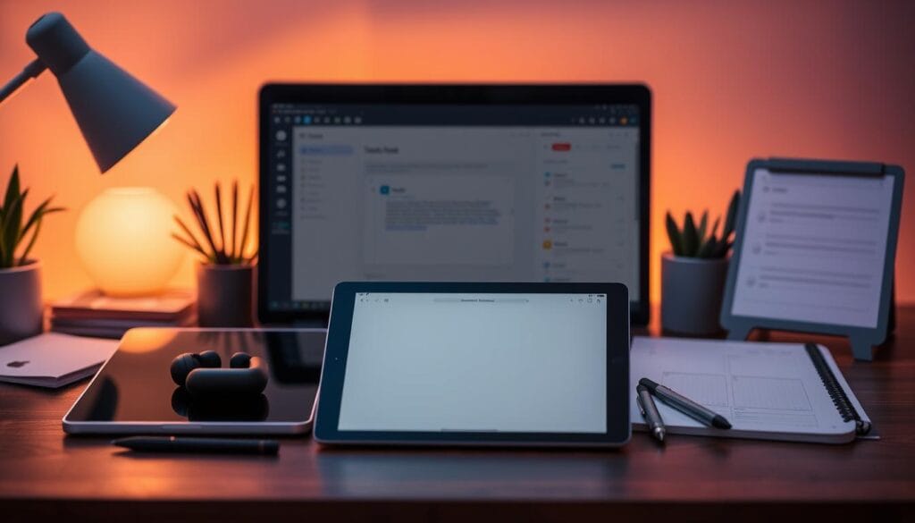 A digital workspace filled with a variety of productivity tools, including a stylish laptop, a sleek tablet, a smartpen, a minimalist task board, and a pair of wireless headphones. The scene is illuminated by warm, diffused lighting, creating a cozy and focused atmosphere. The tools are arranged in a visually appealing and organized manner, reflecting the efficiency and collaboration required for remote team management. The background features a soft, blurred gradient in calming hues, drawing the viewer's attention to the essential digital tools.