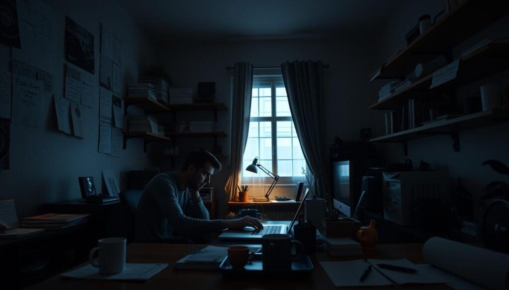 A dimly lit home office, the walls adorned with shelves showcasing the trappings of an entrepreneur's journey. In the foreground, a lone individual hunched over a laptop, engrossed in the task of building their venture through sheer determination and self-funding. The middle ground reveals a scatter of financial documents, coffee mugs, and a modest office setup, all conveying the dedicated focus of a bootstrapped enterprise. In the background, a faint glow from a window suggests the passage of time, the quiet resolve of the founder unwavering as they navigate the challenges of building a business from the ground up, without the backing of external investors. The scene exudes a sense of solitude, perseverance, and the quiet triumph of self-reliance.