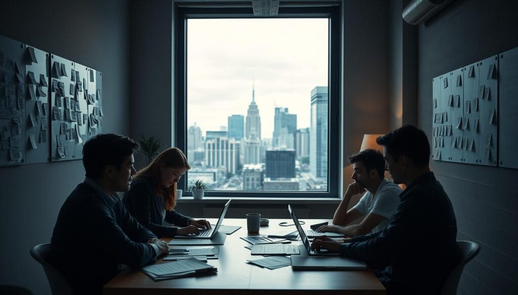 A dimly lit office space, the walls adorned with whiteboards and post-it notes. In the foreground, a group of individuals sitting around a table, their expressions contemplative as they pore over documents and laptop screens. The lighting is soft and moody, casting shadows that accentuate the thoughtful atmosphere. In the background, a large window offers a glimpse of a bustling city skyline, a reminder of the challenges and opportunities that lie beyond the confines of the room. The scene conveys a sense of learning and introspection, as the entrepreneurs grapple with the lessons and pivots that come from understanding the failures of their past ventures.