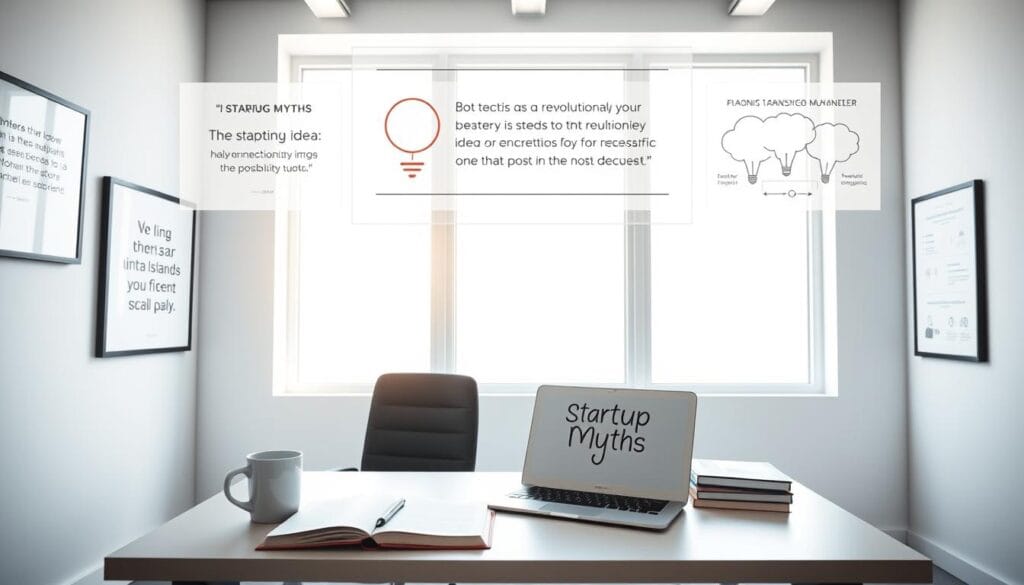 A minimalist, clean-lined office space with natural light streaming through large windows. On the desk, a laptop, a mug of coffee, and a notebook with the words "Startup Myths" written on the cover. The walls are adorned with framed motivational quotes and diagrams debunking common startup misconceptions. Floating above the desk, holographic displays present statistics and infographics challenging the notion that a revolutionary idea is necessary for entrepreneurial success. The overall atmosphere is one of focus, productivity, and a sense of pragmatic optimism.
