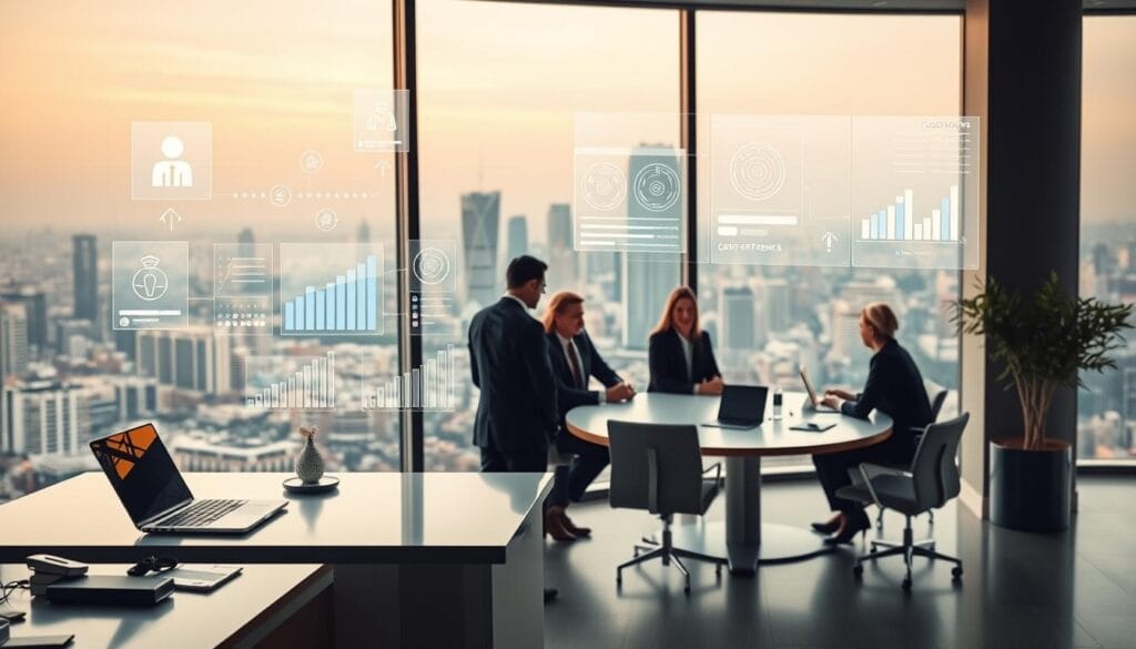 A serene office scene with a large window overlooking a bustling city skyline. In the foreground, a sleek, minimalist workstation with a laptop, tablet, and various digital devices. Holograms and data visualizations float above the desk, showcasing insights from customer profiles and engagement metrics. In the middle ground, a team of professionals in business attire collaborating around a curved conference table, their expressions focused as they analyze the data. The background is bathed in warm, diffused lighting, creating a sense of productivity and innovation. The overall mood is one of technological integration, data-driven decision-making, and a dedication to enhancing the customer experience.