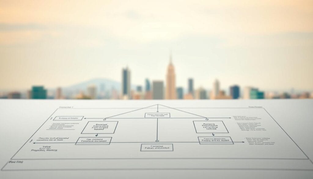 A sleek, minimalist business model blueprint unfolds, its elegant lines and geometric shapes hinting at efficiency and strategic focus. In the foreground, a stylized diagram of interconnected components - revenue streams, key resources, value propositions - all carefully balanced and streamlined. The middle ground features a subtle backdrop of blurred city skylines, conveying a sense of urban dynamism and growth. Warm, directional lighting casts a sense of purpose and determination, while a soft, muted color palette evokes a mood of measured, thoughtful innovation. The overall impression is one of a lean, agile business model - the genesis of a visionary, bootstrapped success story.