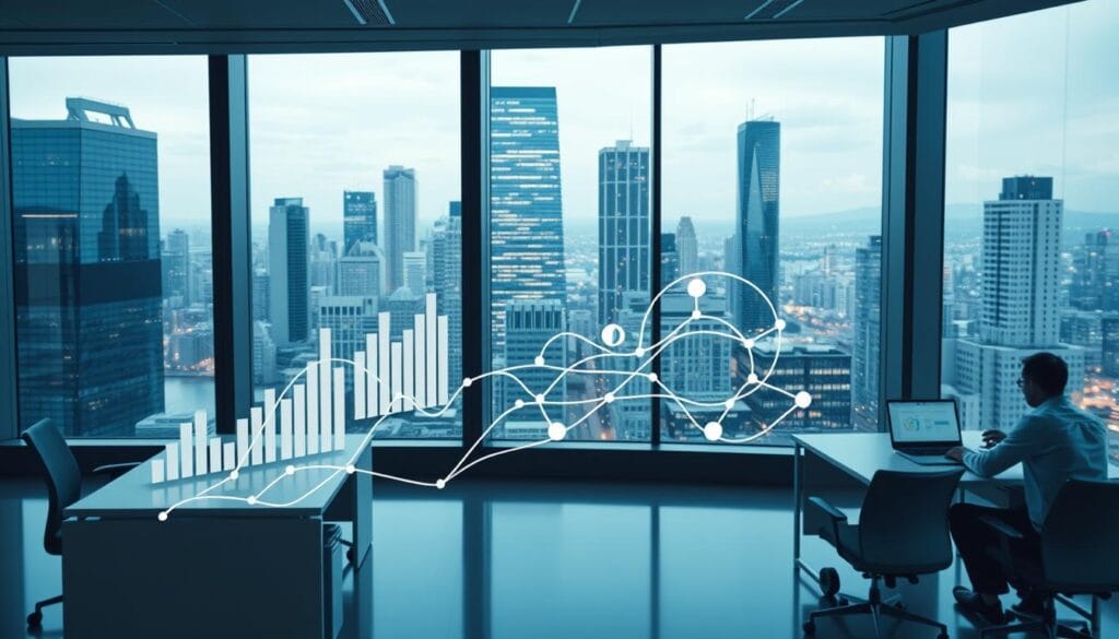 A sleek, modern office interior with large windows overlooking a bustling city skyline. In the foreground, a stylized graph or chart displays interconnected metrics representing environmental, social, and governance (ESG) factors. Employees seated at minimalist desks are intently focused on their laptop screens, immersed in data analysis and strategy planning. Subtle lighting accentuates the clean, airy aesthetic, conveying a sense of professionalism and innovation. The overall scene projects an atmosphere of strategic foresight, where ESG integration has become a competitive advantage for the future-minded organization.