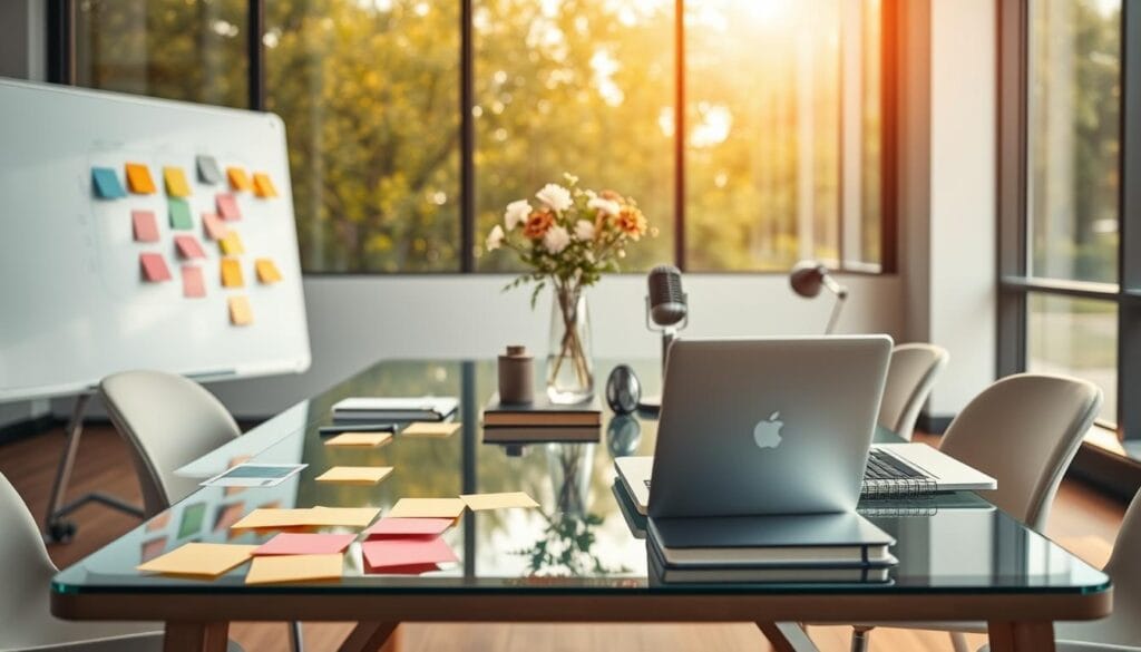 A sleek, modern workspace with a glass table at the center, showcasing the core components of an effective mastermind. In the foreground, a tactile whiteboard, colorful sticky notes, and a minimalist laptop create an atmosphere of collaborative ideation. The middle ground features a vase of fresh flowers, a stack of notebooks, and a high-quality microphone, hinting at the importance of open communication and recording insights. The background is bathed in warm, natural lighting filtering through large windows, evoking a sense of clarity and focus. The overall scene conveys a sophisticated, distraction-free environment conducive to deep discussions and strategic planning.
