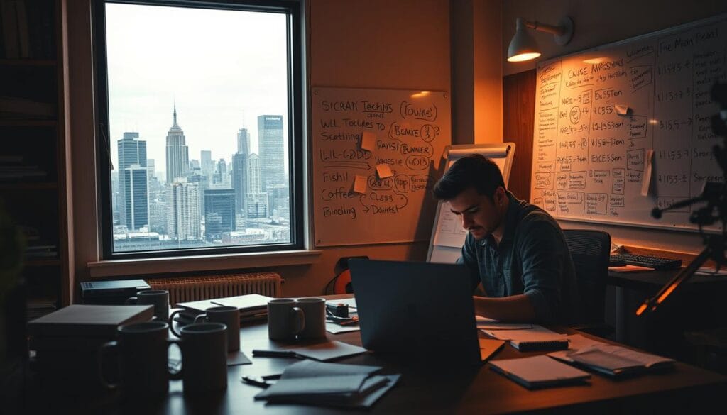 A startup's office, dimly lit with a warm, focused glow. In the foreground, a lone entrepreneur hunched over a laptop, surrounded by scattered notes and half-empty coffee mugs. The middle ground features a whiteboard covered in scribbled ideas and calculations, conveying the intense focus and determination of the bootstrapping process. In the background, a window overlooking a bustling city skyline, symbolizing the challenges and opportunities that lie ahead. The scene radiates a sense of dedication, resilience, and the quiet triumph of building something from nothing.