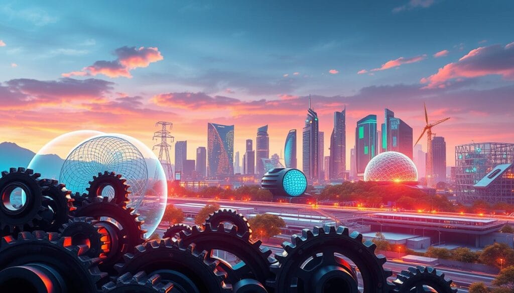A vibrant, futuristic scene depicting the interconnected elements of a circular economy business model. In the foreground, a series of gears and cogs symbolize the cyclical, regenerative nature of resource flows. The middle ground features sleek, sustainable product designs and manufacturing processes, conveyed through abstract geometric shapes and textures. In the background, a cityscape with towering eco-friendly buildings and renewable energy infrastructure sets the stage for this innovative, forward-thinking vision. The scene is bathed in a warm, optimistic glow, creating an atmosphere of progress and possibility. Rendered in a cinematic, hyper-realistic style with a wide-angle lens to capture the grand, ambitious scale of the circular economy concept.