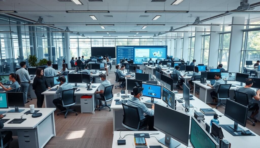a crowded open-plan office in Singapore, 2025, with sleek, minimalist workstations and holographic collaboration displays, natural lighting filtering through floor-to-ceiling windows, employees wearing augmented reality headsets and interacting with virtual project boards, a sense of seamless connectivity and productivity in a modern, sustainable workspace that reflects the evolution of remote work management