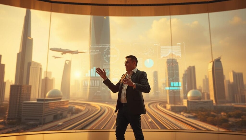 a hyper-realistic, cinematic, wide-angle shot of a futuristic cityscape, with towering skyscrapers and advanced transportation systems in the background. In the foreground, a visionary entrepreneur stands in a sleek, minimalist office, gesturing towards a holographic display that showcases intricate data visualizations and AI-powered business analytics. The lighting is a warm, golden hue, creating a sense of dynamism and innovation. The scene conveys a vision of how AI and big data are shaping the future of entrepreneurship, with the entrepreneur serving as a conduit between technology and innovative business strategy.